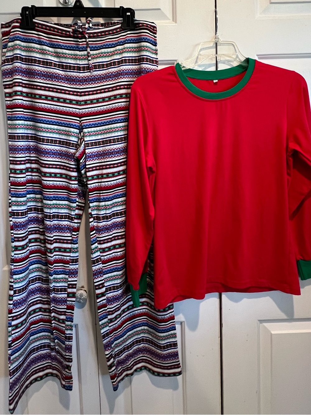 2 Pc Pj Set 🎄Festive Red Long-Sleeve Top w 💚 Trim & Colorful Striped Pants